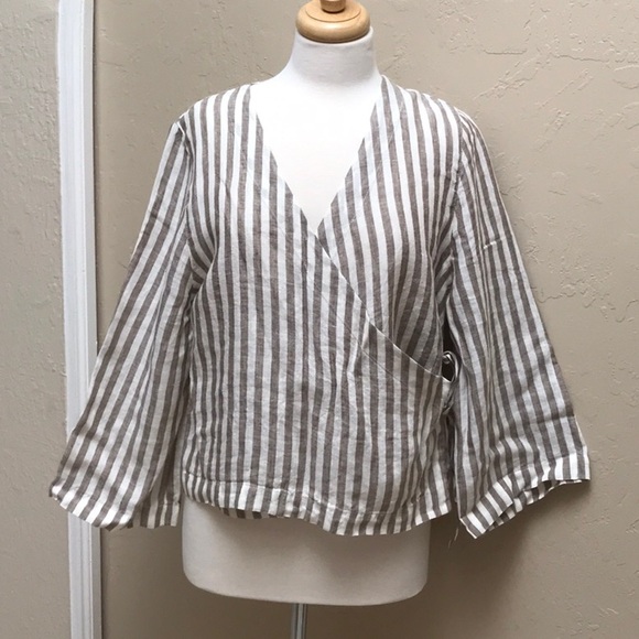 Linenfox Georgia Linen Wrap Tie Top in Cacao Stripe, XS - Picture 4 of 12